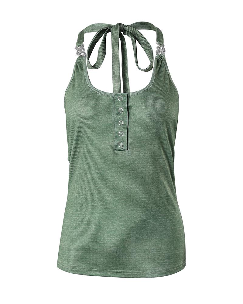 Chain Decor Snap Button Halter Tank Top