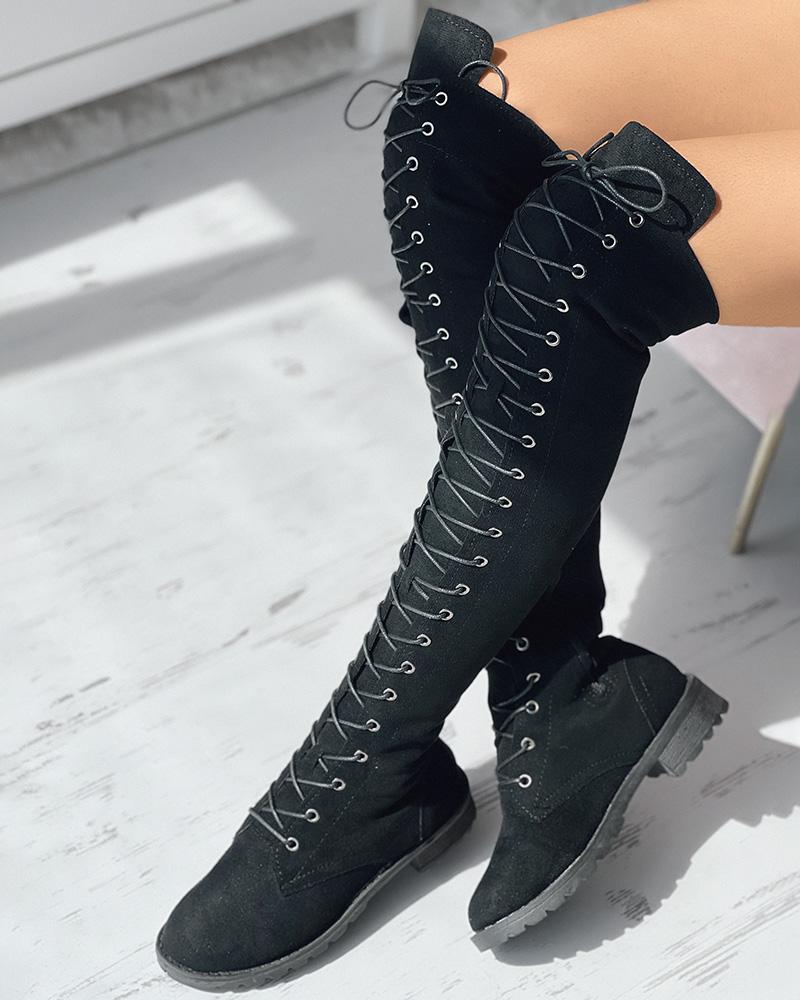 Eyelet Lace up Over The Knee Boots