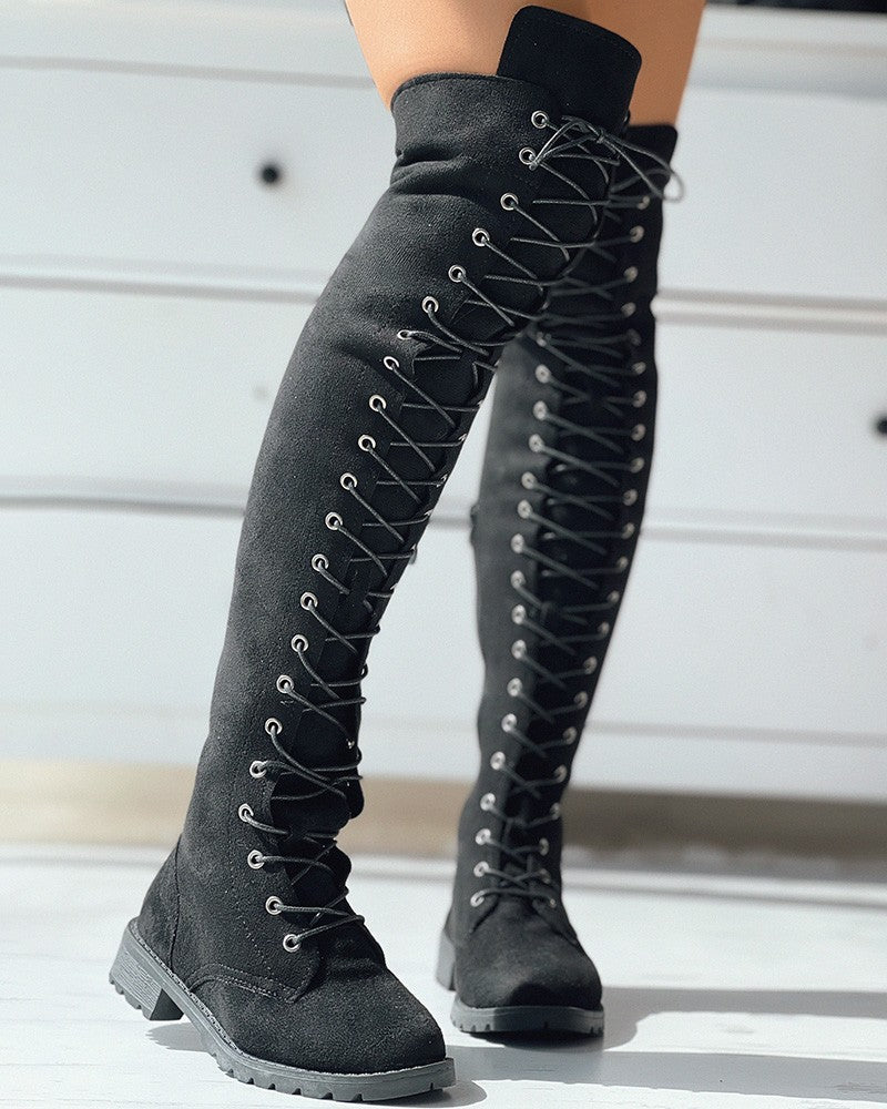 Eyelet Lace up Over The Knee Boots