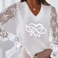 Lace Long Sleeve Heart Print V Neck Top