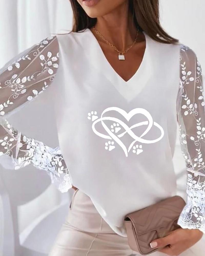 Lace Long Sleeve Heart Print V Neck Top