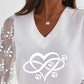 Lace Long Sleeve Heart Print V Neck Top