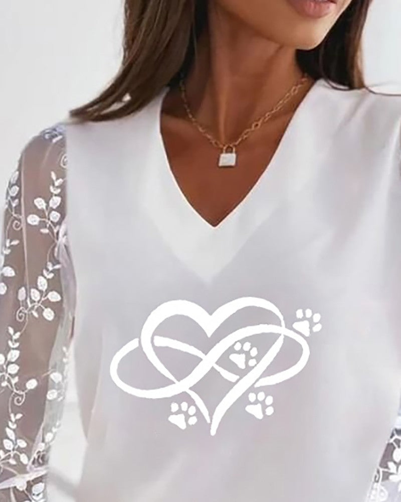 Lace Long Sleeve Heart Print V Neck Top