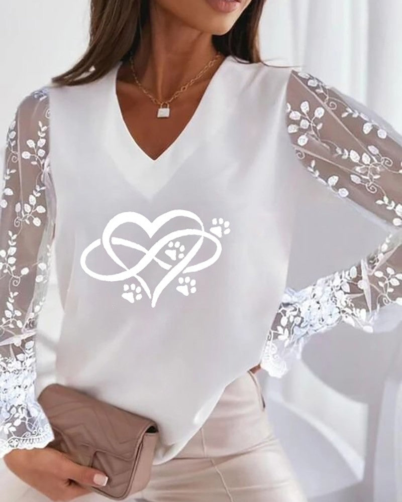 Lace Long Sleeve Heart Print V Neck Top