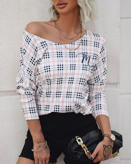 Plaid Print V Neck Long Sleeve Top