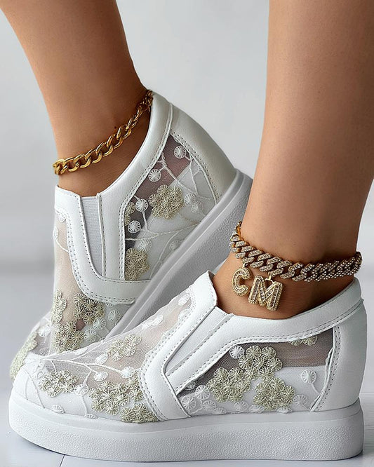 Plants Embroidery Hidden Wedge Sneakers