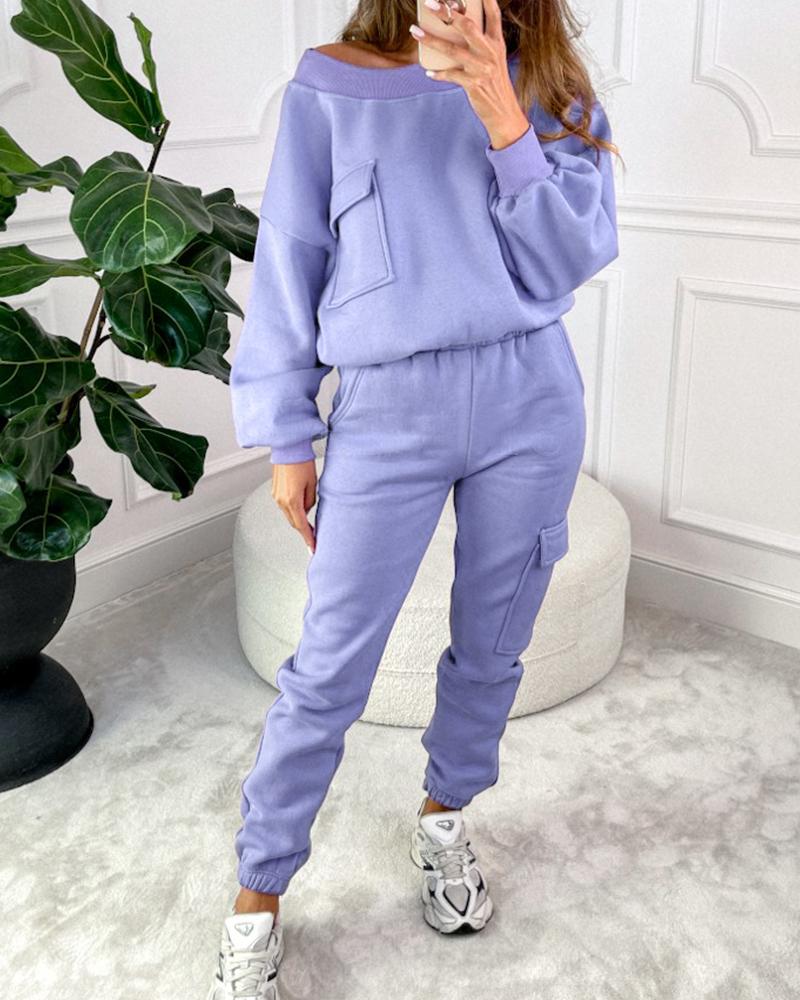 Round Neck Pocket Design Sweatshirt & Cuffed Sweatpants Set