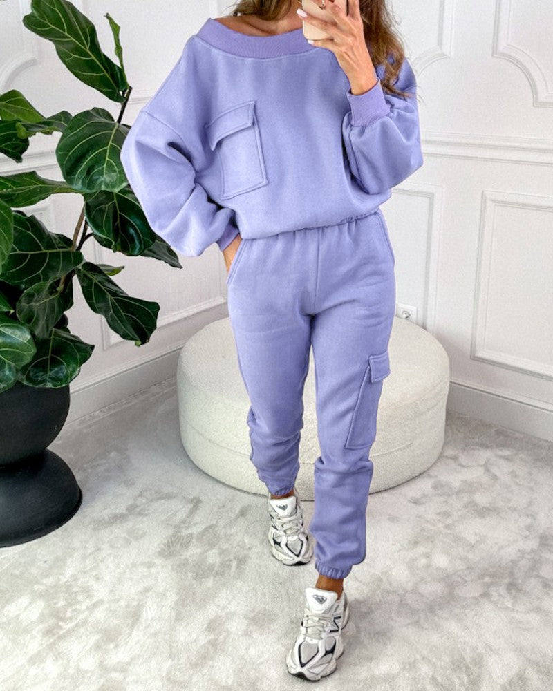 Round Neck Pocket Design Sweatshirt & Cuffed Sweatpants Set