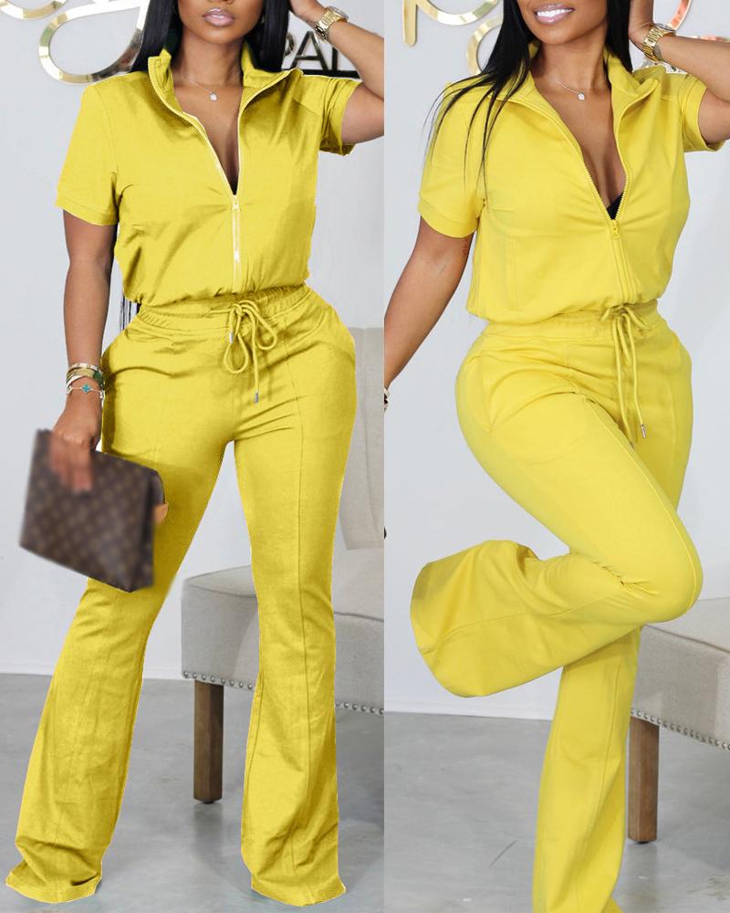 Short Sleeve Zip Up Top & Drawstring Pants Set