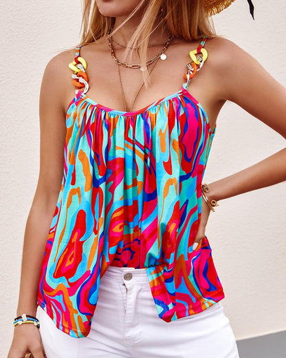 Multi Color Abstract Print Chain Decor Flowy Cami Top