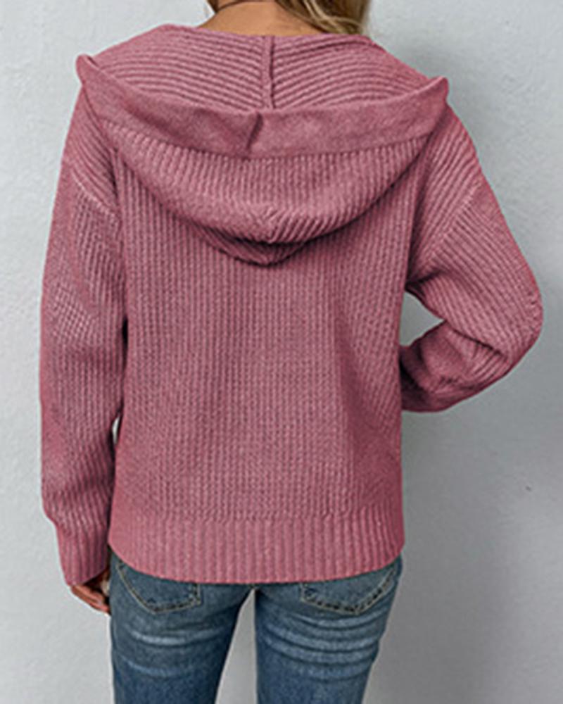 Zipper Pocket Design Hooded Knit Cardigan