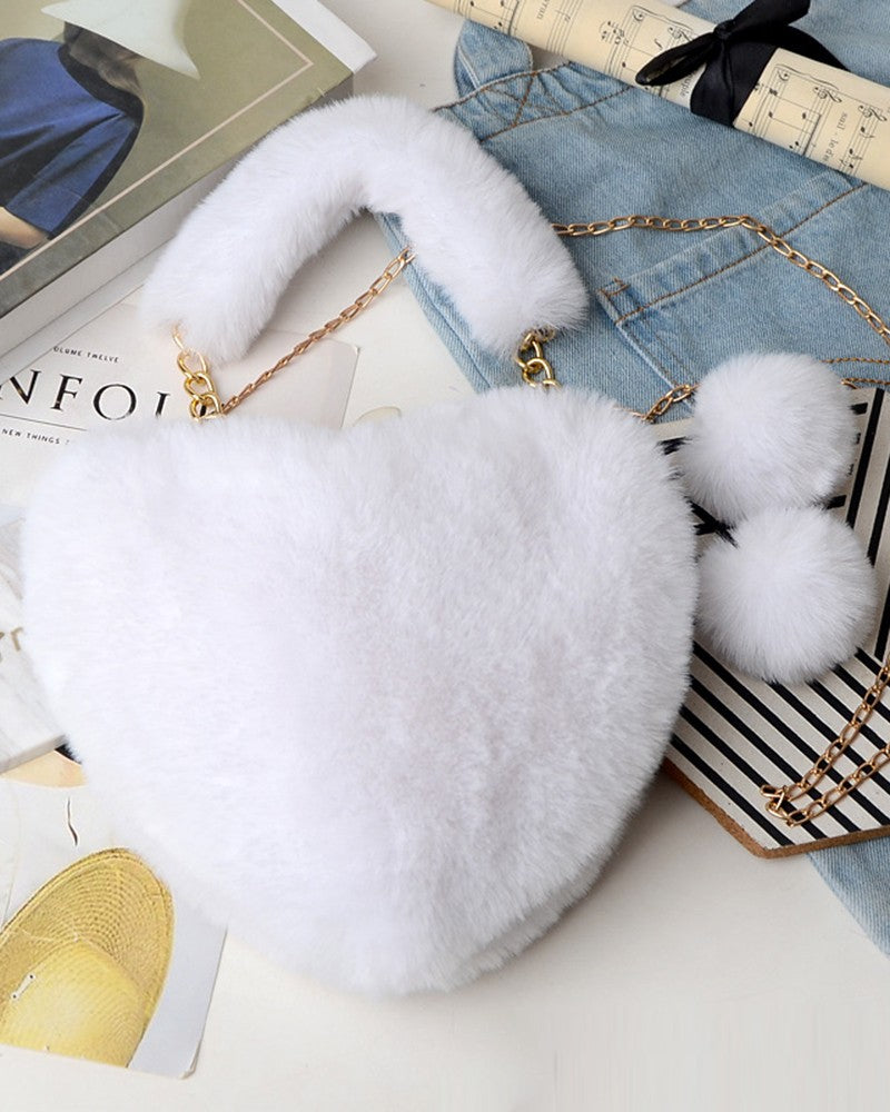 Fluffy Heart Shaped Pom Pom Chain Strap Handbag