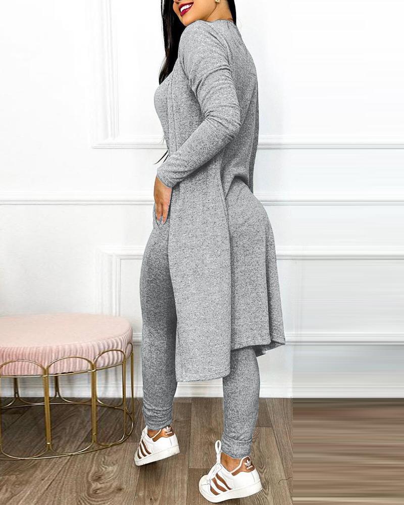 Drawstring Pocket Design Jumpsuit & Coat Set