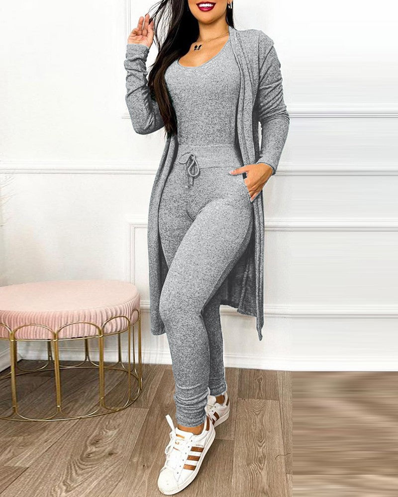 Drawstring Pocket Design Jumpsuit & Coat Set