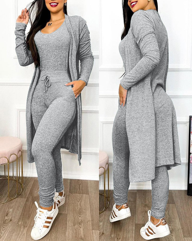 Drawstring Pocket Design Jumpsuit & Coat Set