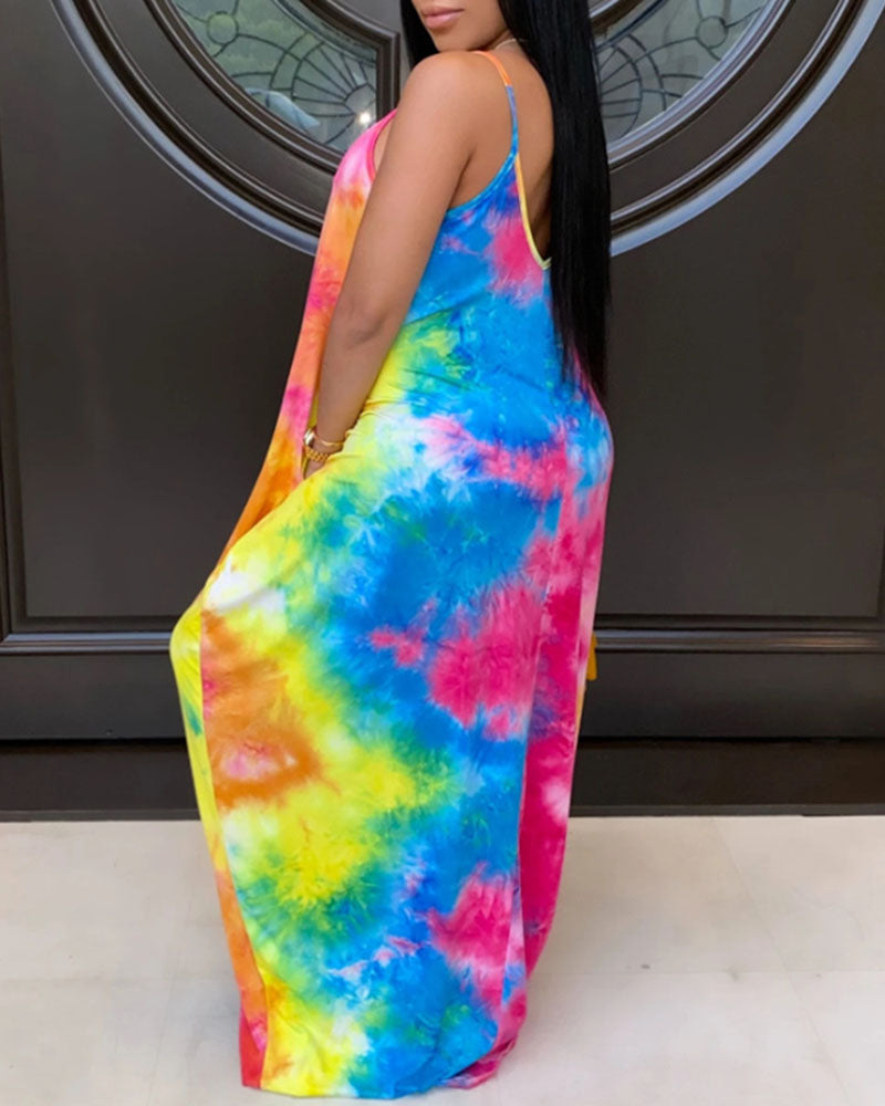 Pocket Decor Tie Dye Print V Neck Maxi Dress