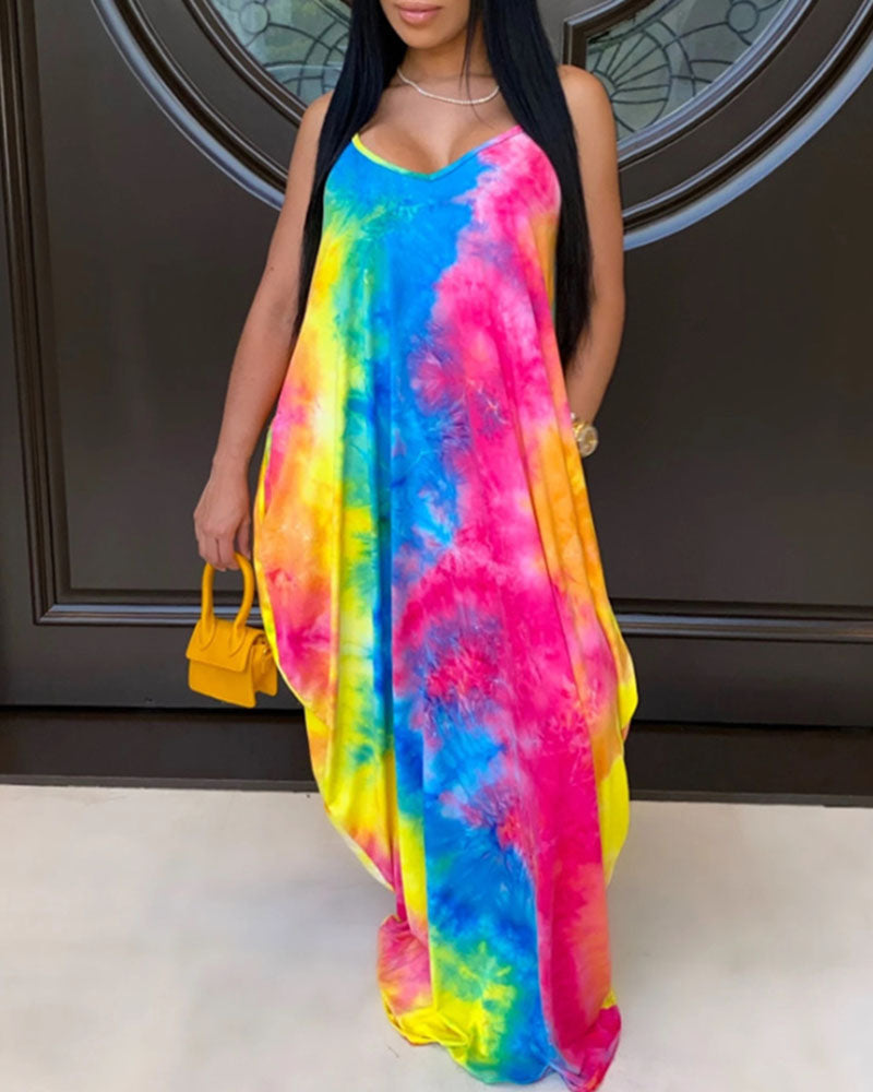 Pocket Decor Tie Dye Print V Neck Maxi Dress