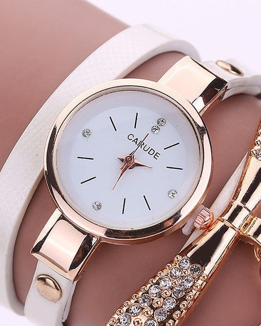 Minimalist PU Leather Rhinestone Quartz Wrist Watch & Bracelet Set