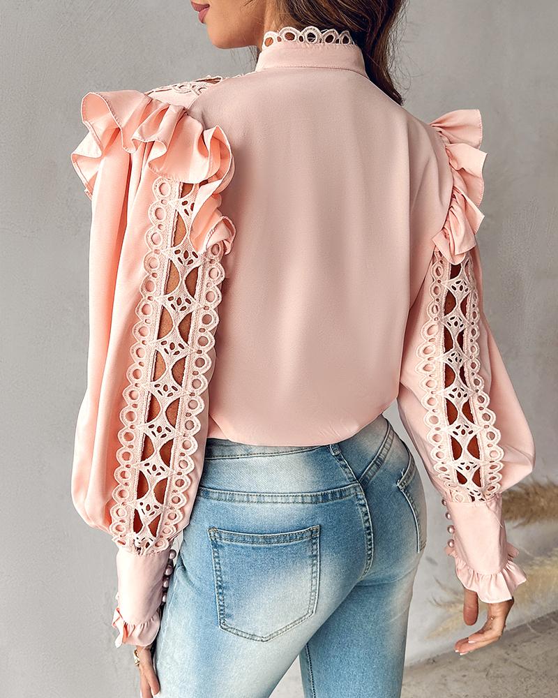 Ruffles Lantern Sleeve Hollow Out Top