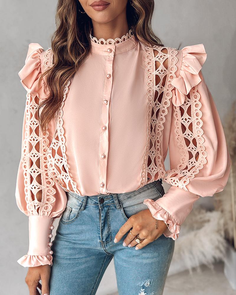 Ruffles Lantern Sleeve Hollow Out Top