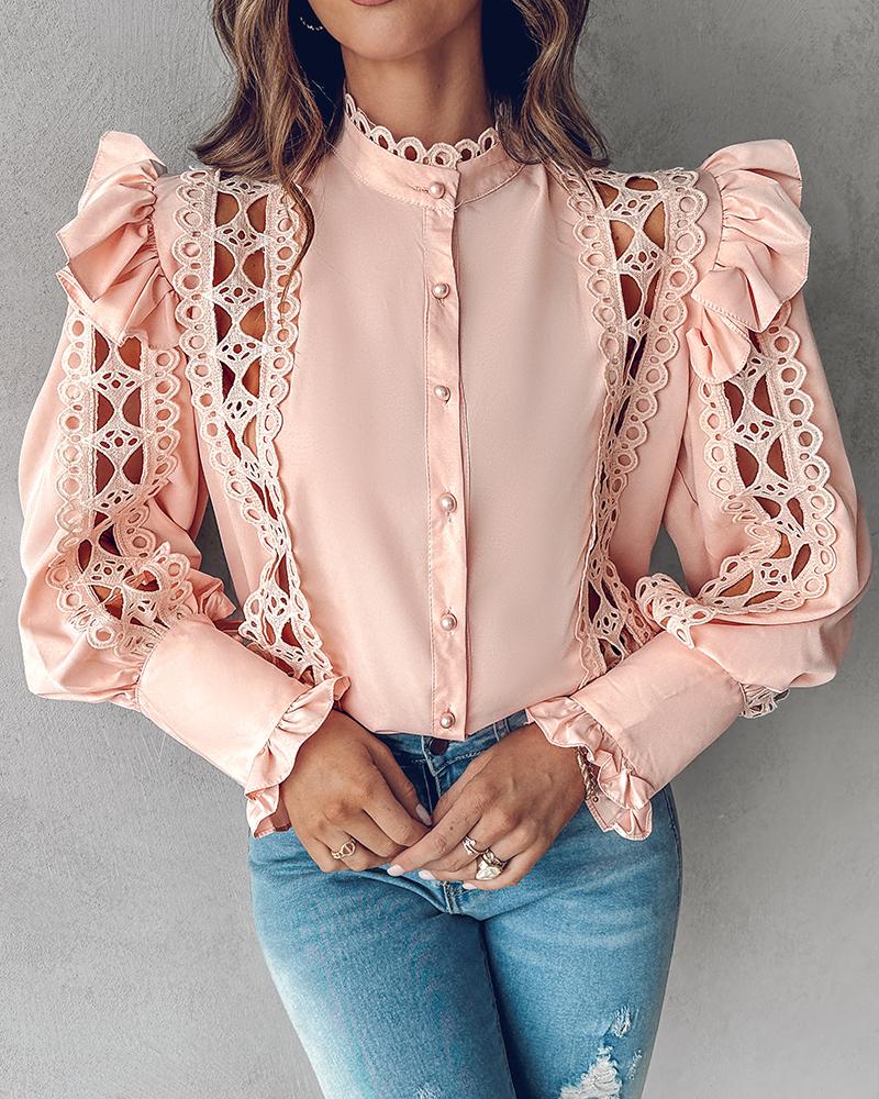 Ruffles Lantern Sleeve Hollow Out Top