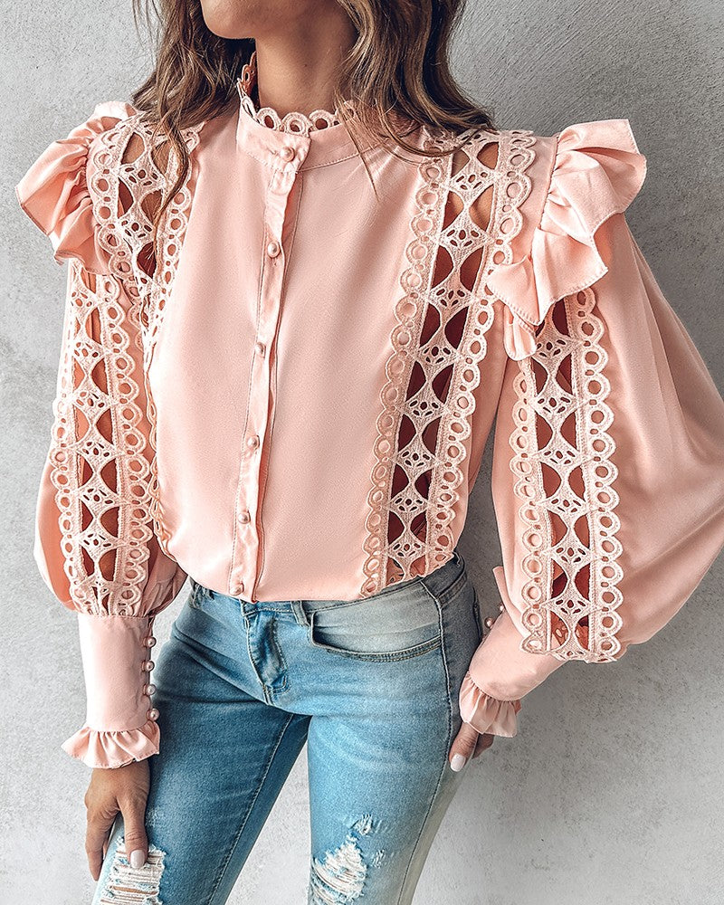 Ruffles Lantern Sleeve Hollow Out Top