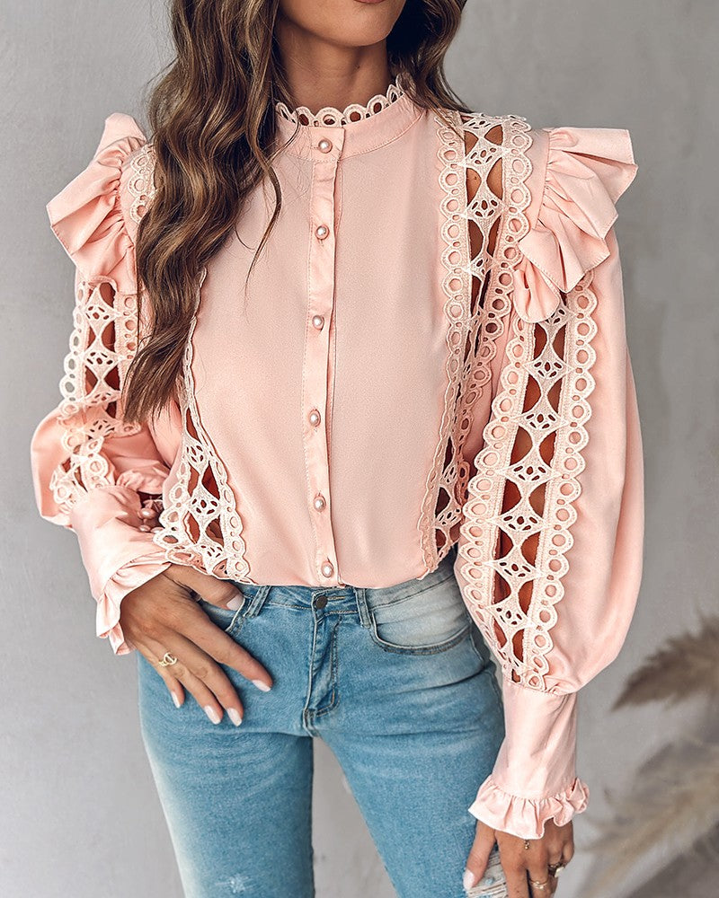 Ruffles Lantern Sleeve Hollow Out Top