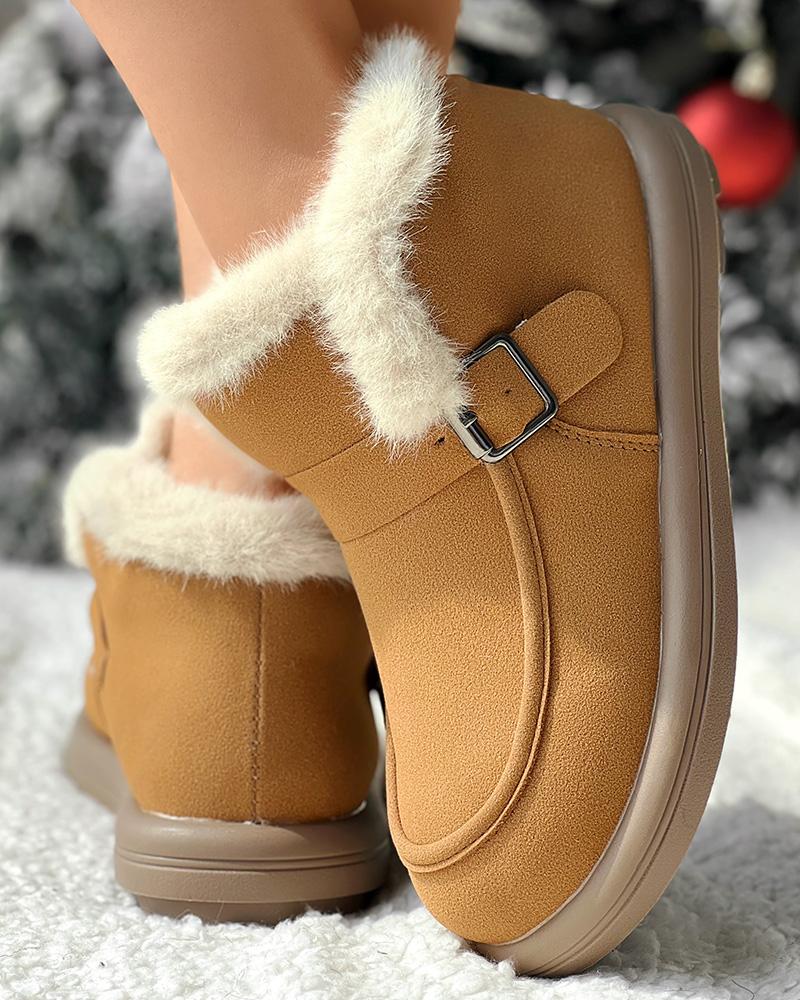Buckled Fuzzy Lined Warm Ankle Boots