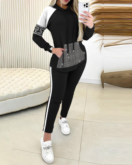 Rhinestone Geometric Pattern Colorblock Hooded Top & Striped Pants Set