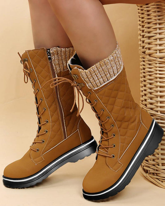 Quilted Lace up Side Zipper Martin Boots