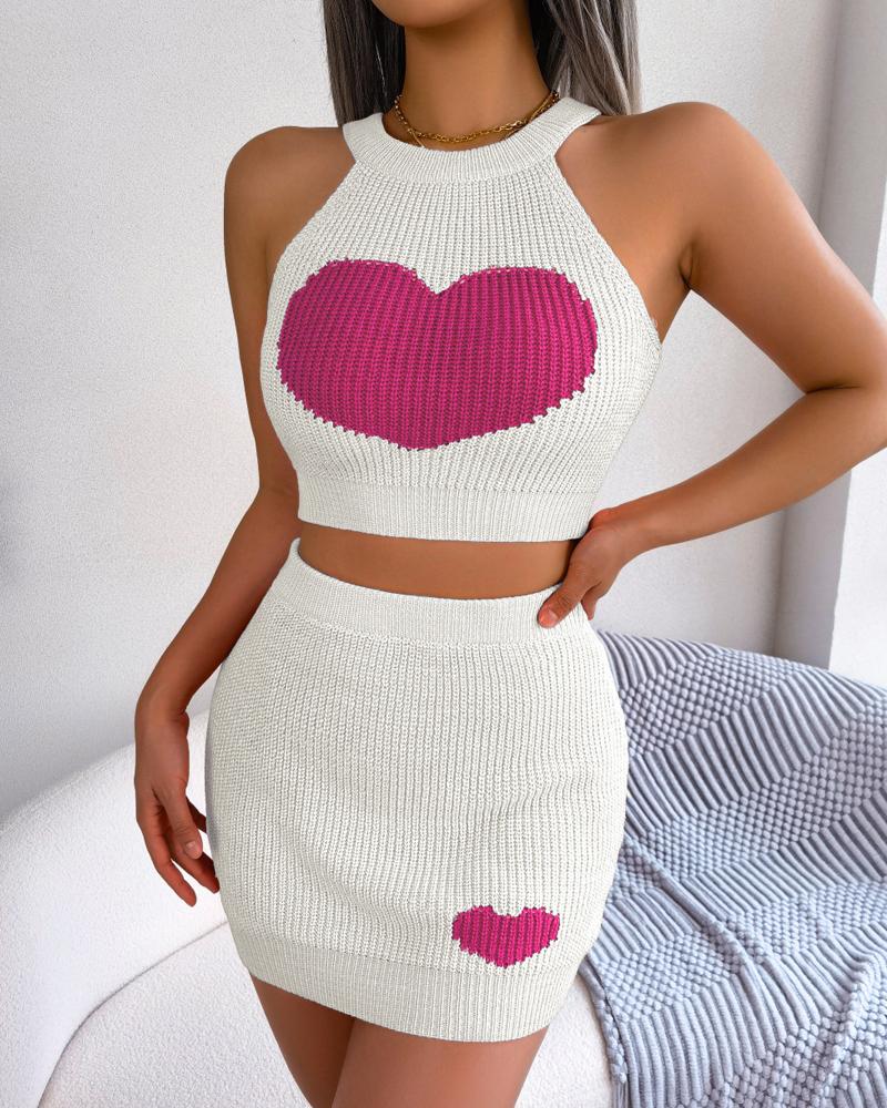 Heart Pattern Tank Top & High Waist Skirt Set