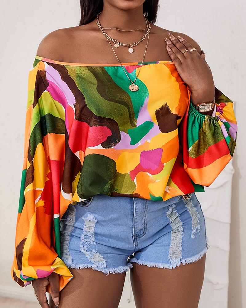 Off Shoulder Allover Print Lantern Sleeve Top