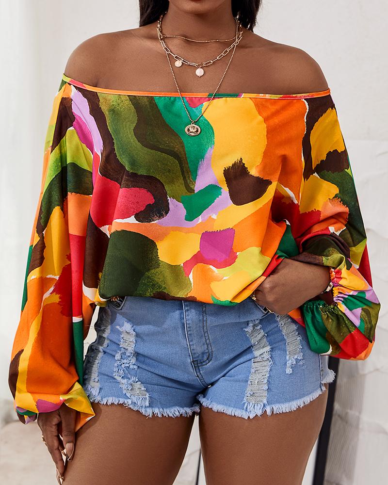 Off Shoulder Allover Print Lantern Sleeve Top