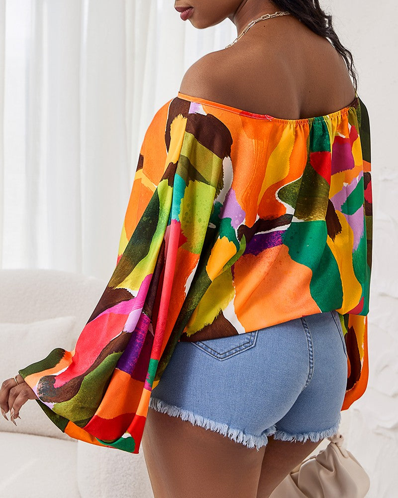 Off Shoulder Allover Print Lantern Sleeve Top