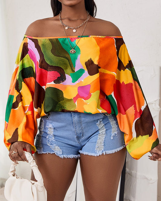 Off Shoulder Allover Print Lantern Sleeve Top