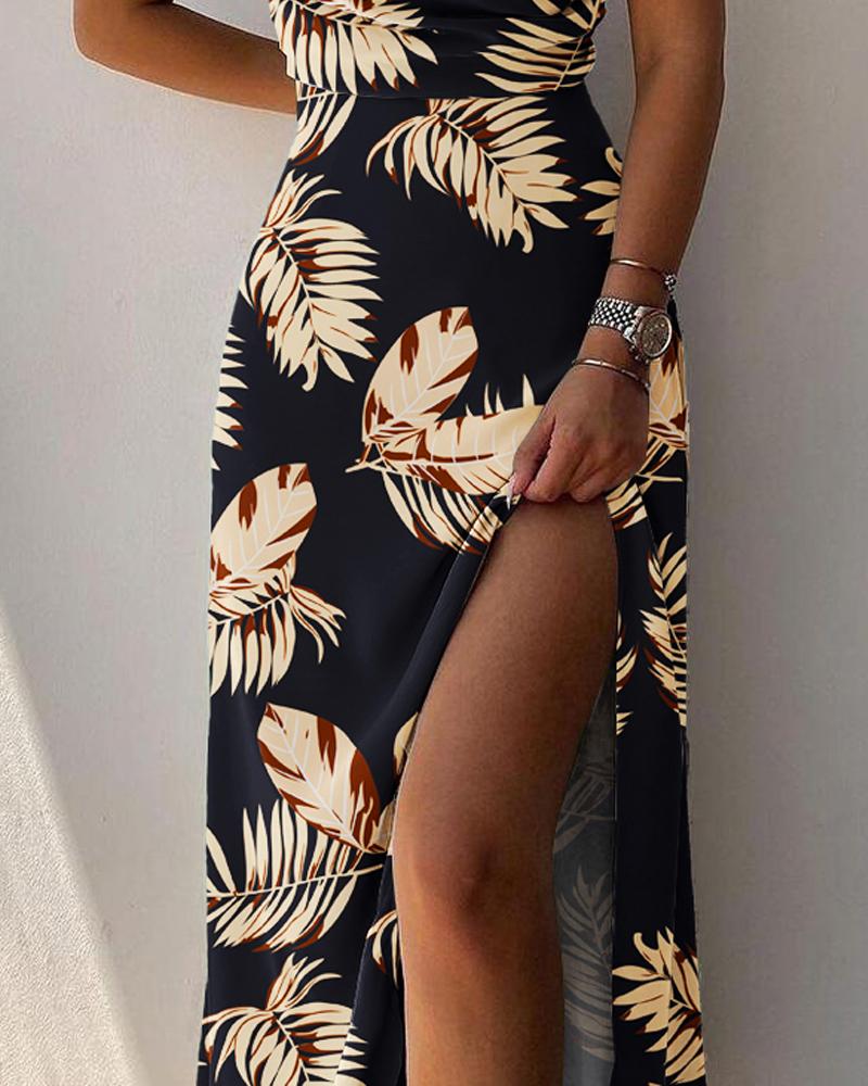 Leaf Print Spaghetti Strap Slit Dress