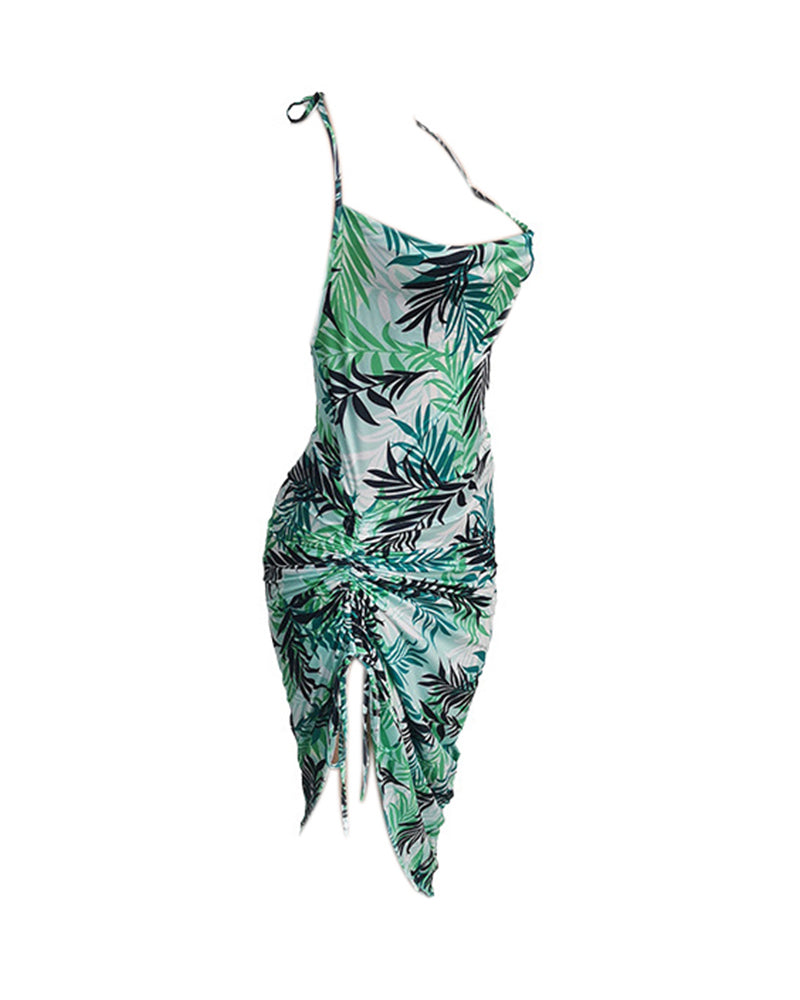 Halter Drawstring Backless Tropical Print Slit Dress