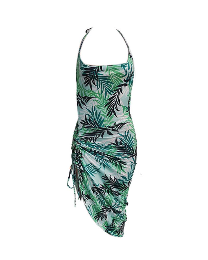 Halter Drawstring Backless Tropical Print Slit Dress