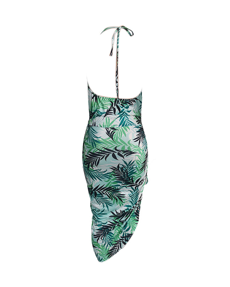 Halter Drawstring Backless Tropical Print Slit Dress