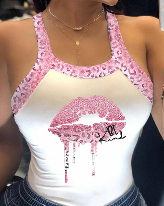 Be Kind Leopard Lip Print Bowknot Decor Tank Top