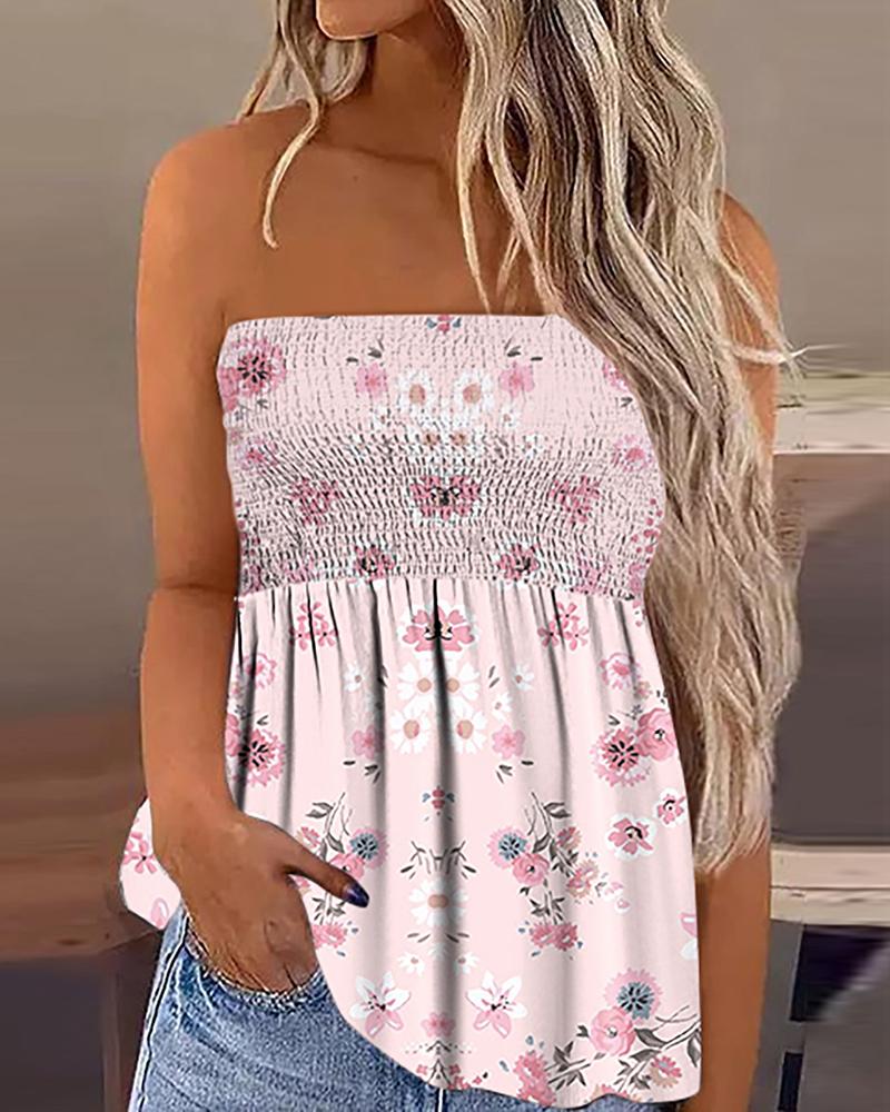 Pink Ditsy Floral Print Shirred Bandeau Tank Top