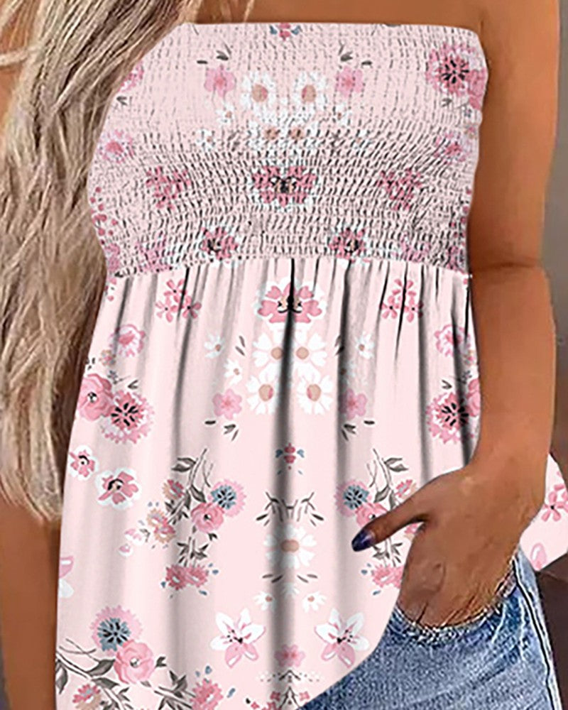 Pink Ditsy Floral Print Shirred Bandeau Tank Top