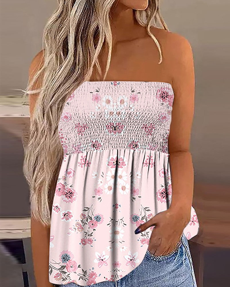 Pink Ditsy Floral Print Shirred Bandeau Tank Top