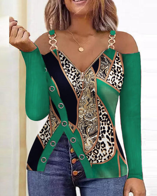 Scarf Leopard Print Zip Detail Cold Shoulder Top