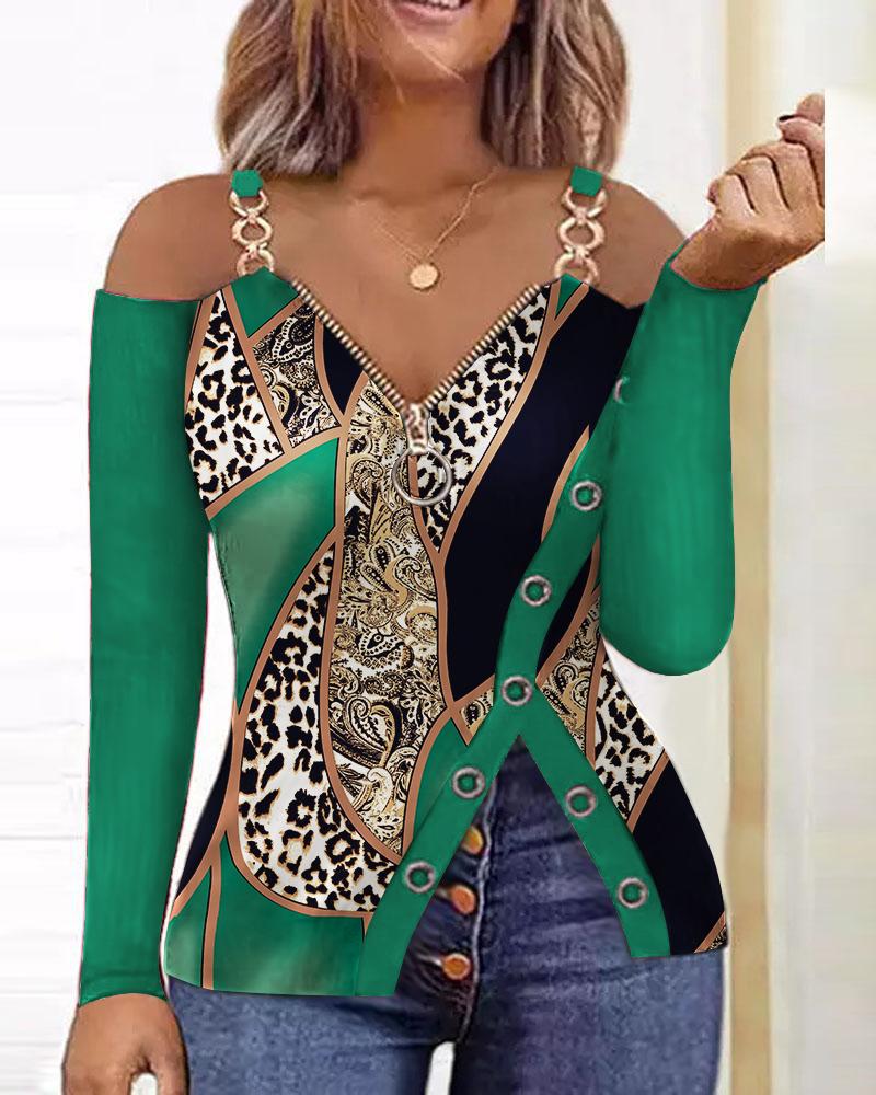 Scarf Leopard Print Zip Detail Cold Shoulder Top