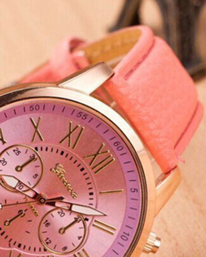 1pc Leather Band Quartz Watch