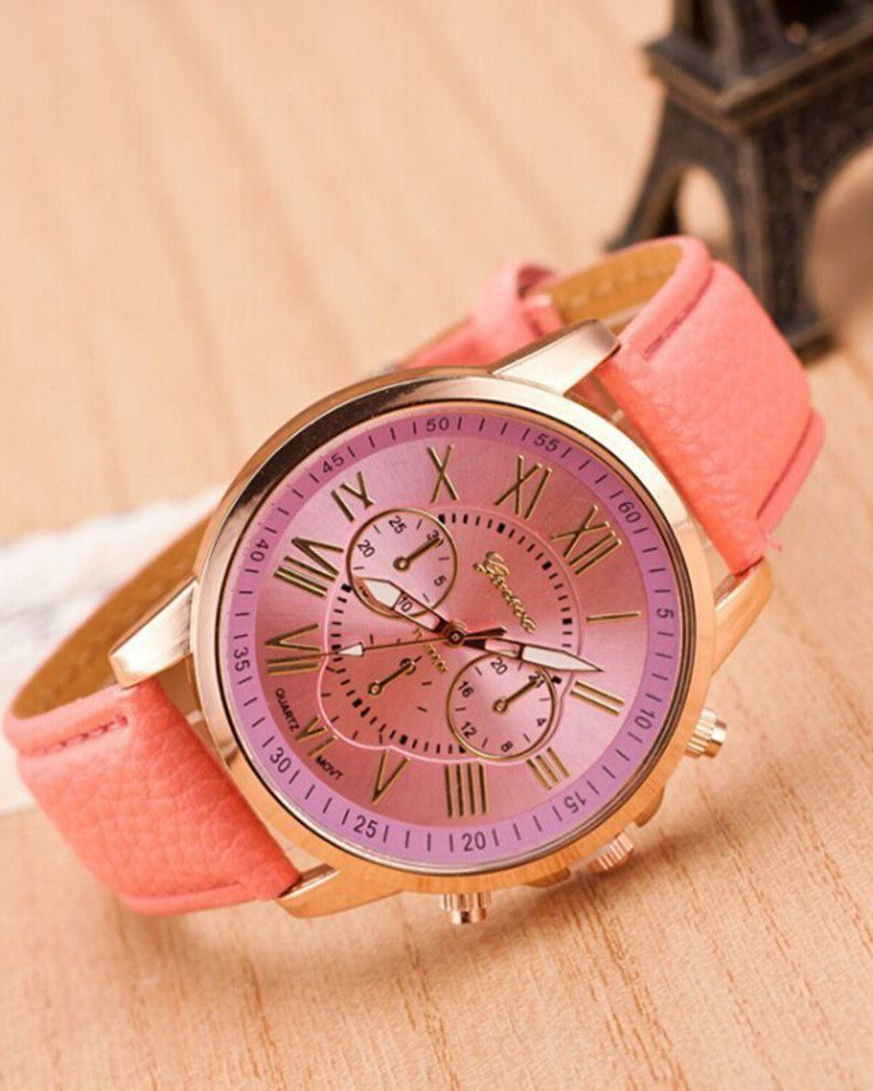 1pc Leather Band Quartz Watch