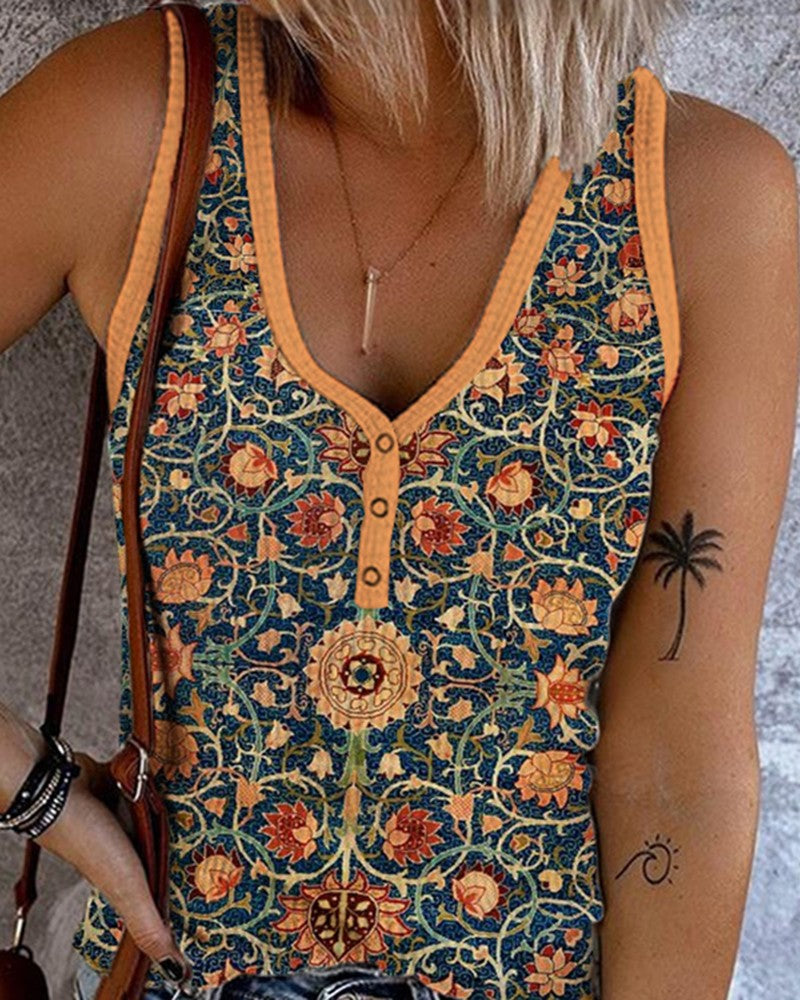 Tribal Floral Print Buttoned Casual Tank Top