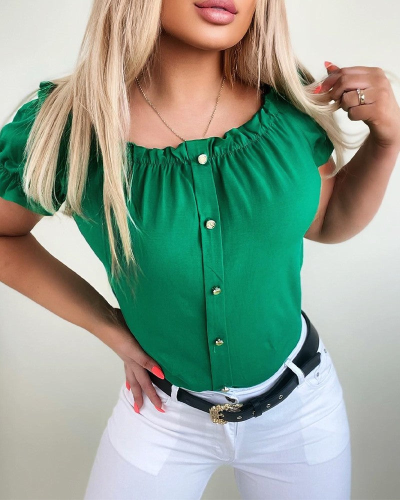 Frill Hem Button Decor Off Shoulder Top