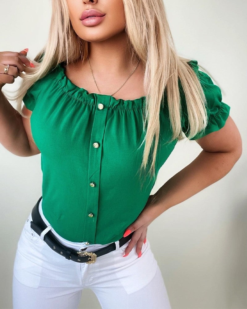 Frill Hem Button Decor Off Shoulder Top